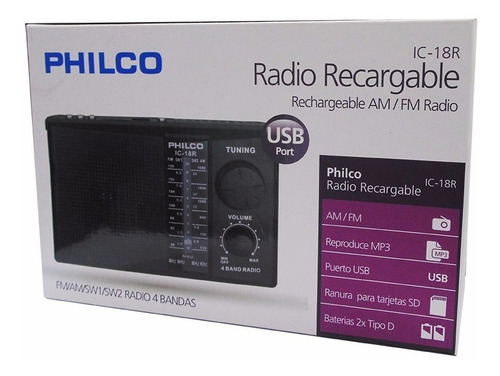 Radio Portatil Philco Fm Am Sw1 Sw2 Mp3 Usb Sd Color Negro   IC18R 1