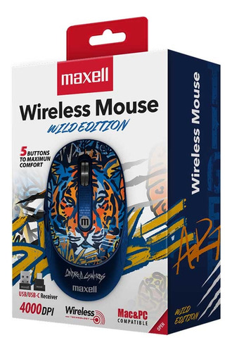 Mouse Inalámbrico Maxell Diseño Wild 4000dpi Usb/usb-c Tigre Azul 4