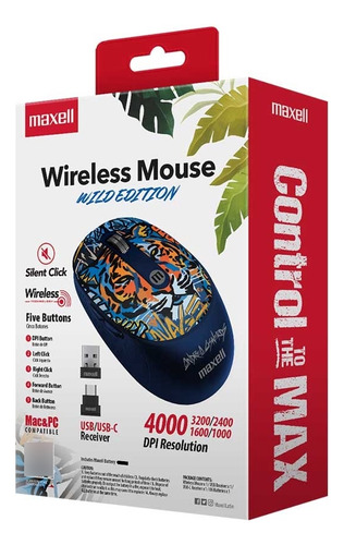 Mouse Inalámbrico Maxell Diseño Wild 4000dpi Usb/usb-c Tigre Azul 5