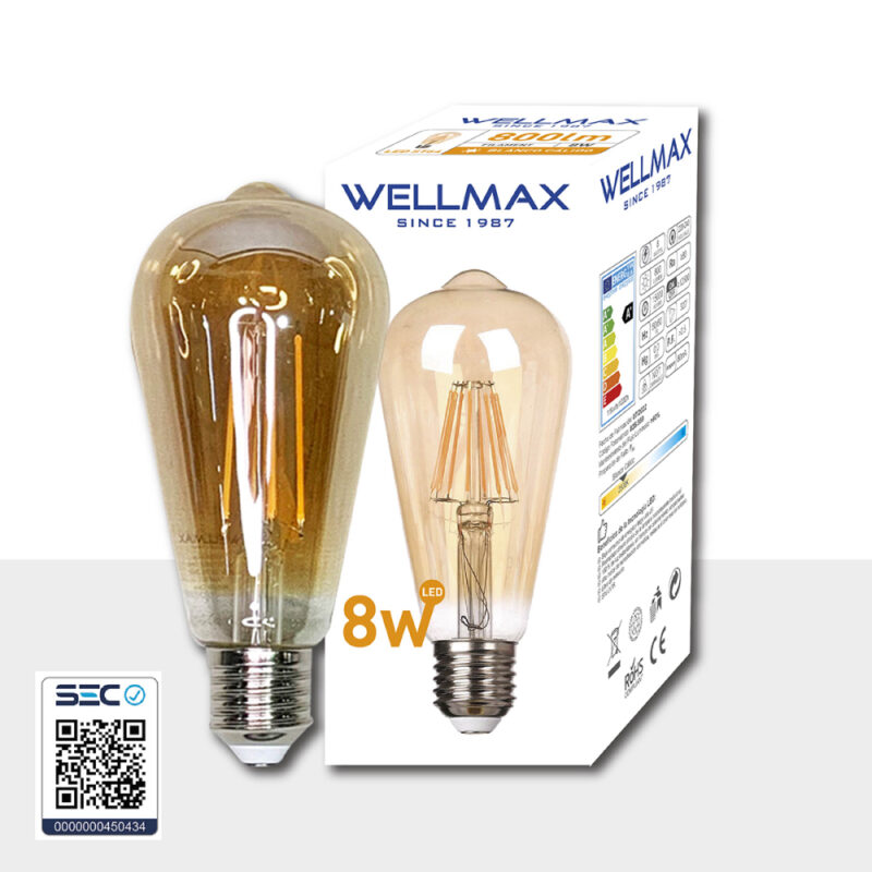 Ampolleta Deco ST64 8w Ámbar 2500k Filament Led E27 Wellmax 2