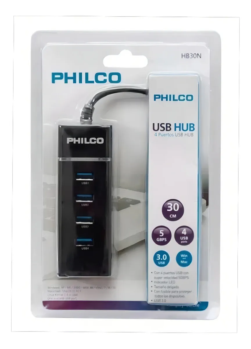 Hub Usb 3.0 4 Puertos Con Luz Philco Hb30n Negro  2