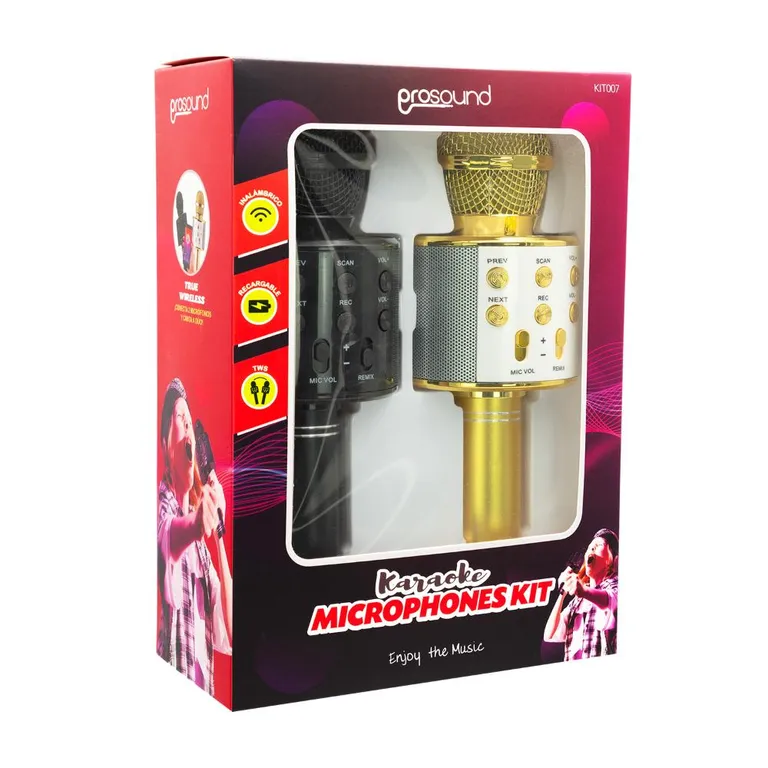 Kit 2 Micrófonos con Parlante Bluetooth Inalámbrico Negro y Dorado   1