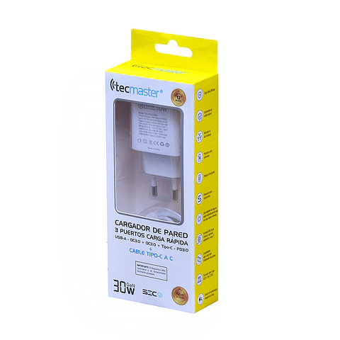 Cagador de Pared 3 Puertos USB A/C 200554WH 30W Tecmaster