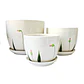 Set De Tres Maceteros Blancos Diseño Flores Verdes - Miniatura 1