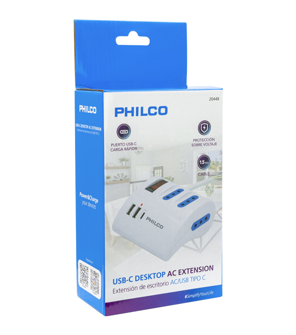 EXTESION 3 POSICIONES USB C 2 METROS 2044B BLANCO PHILCO 3