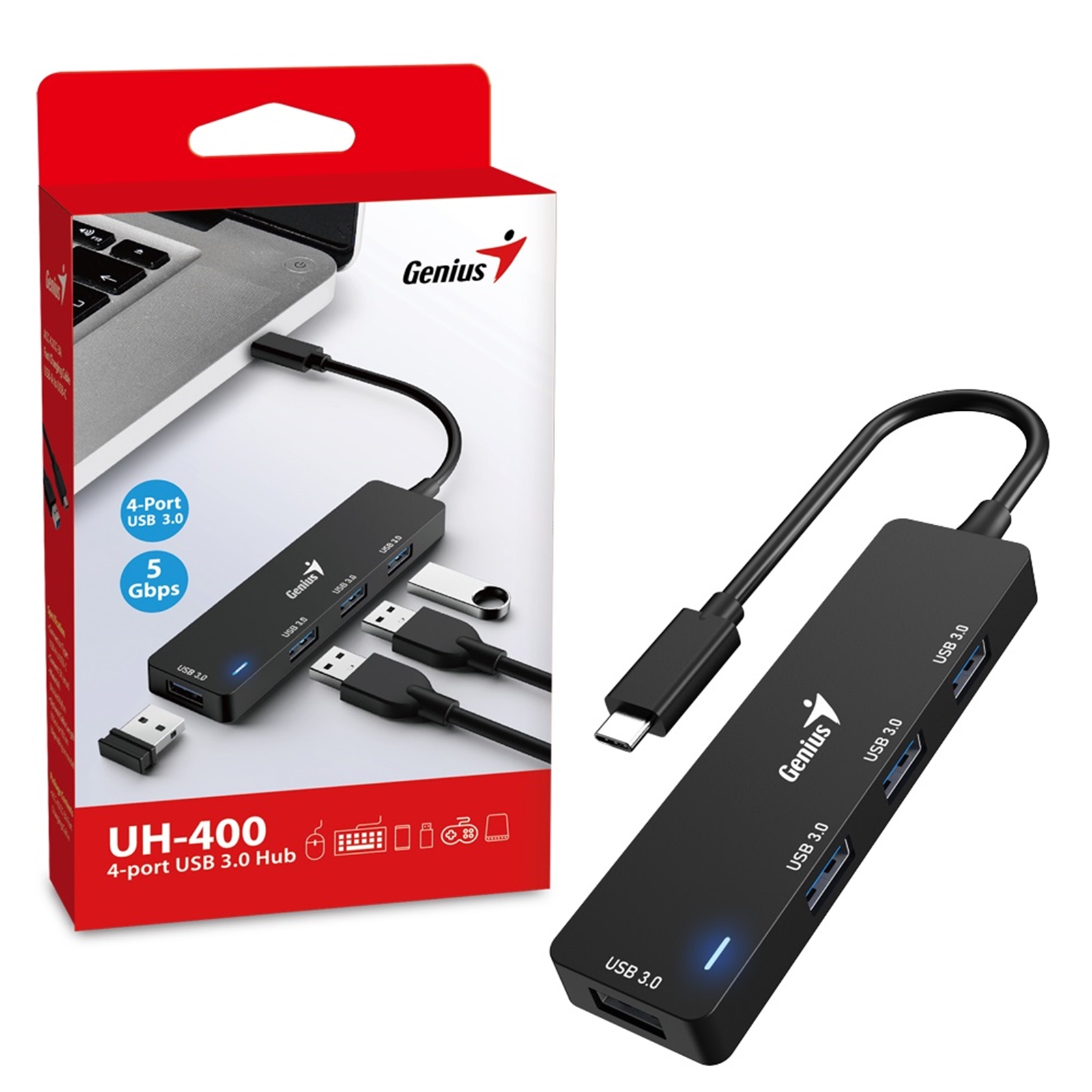 Hub Genius UH-400 USB Tipo C-A con 4 Puertos USB-A 3.0 Black 1