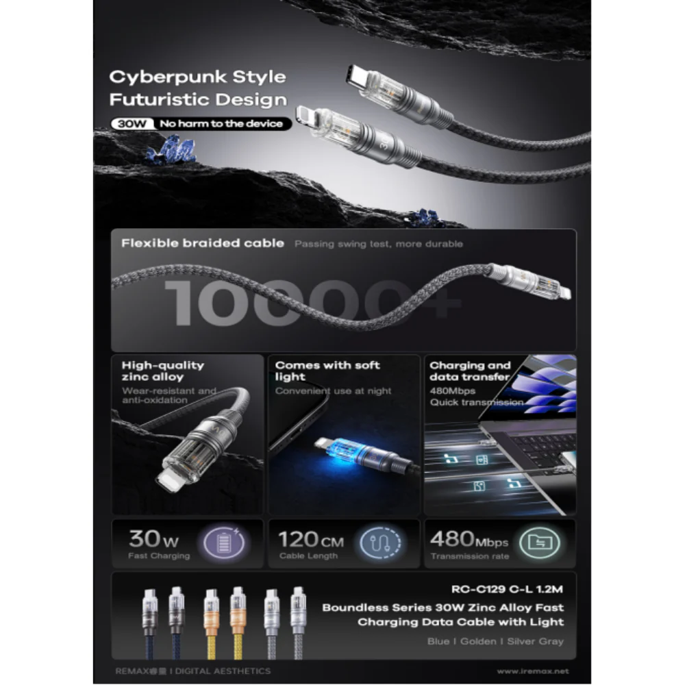 Cable Usb Tipo/C a Lightning RC-C129 30W Silver Gray Remax 3