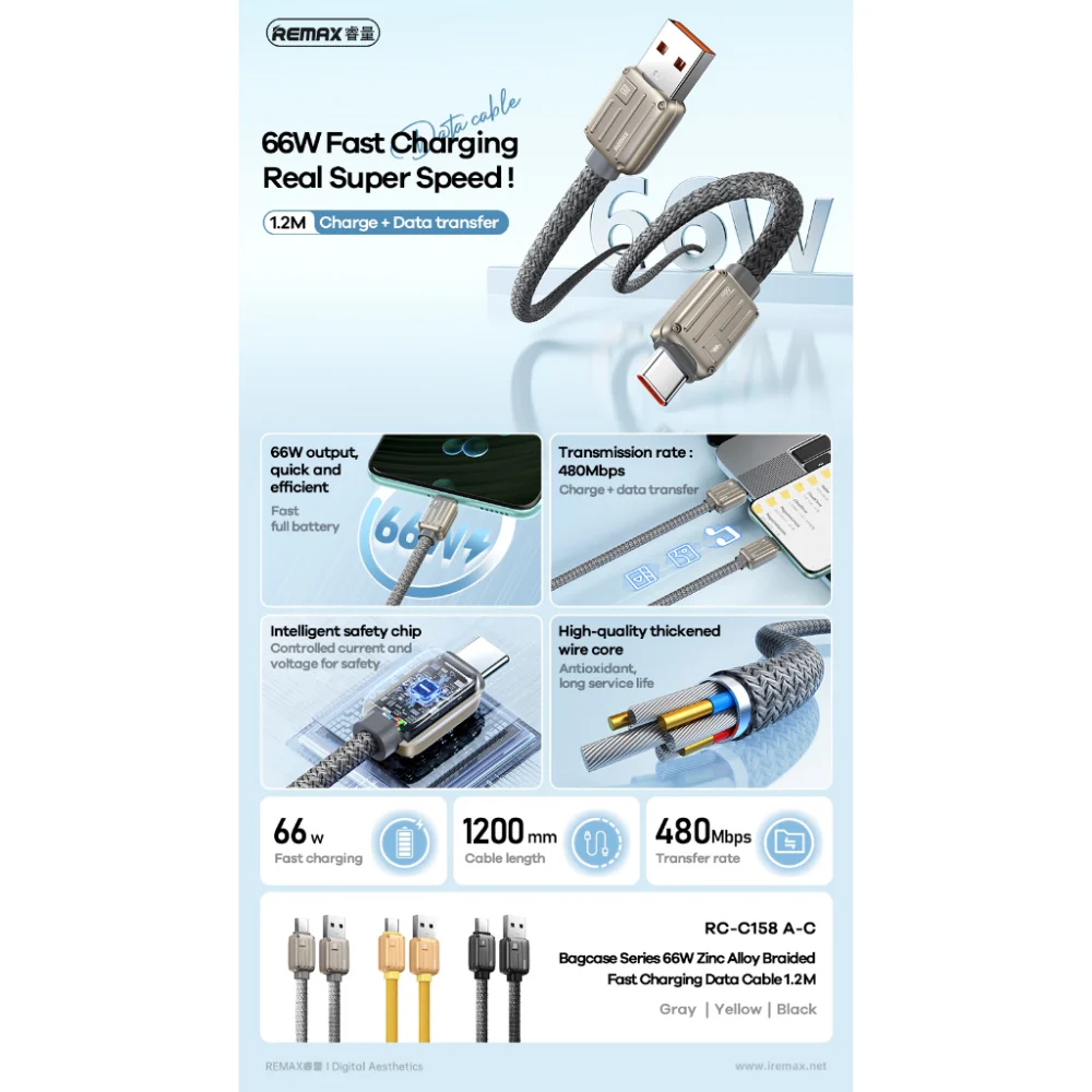 Cable USB A Tipo/C RC-C158 66W Gray Zinc Alloy REMAX  2
