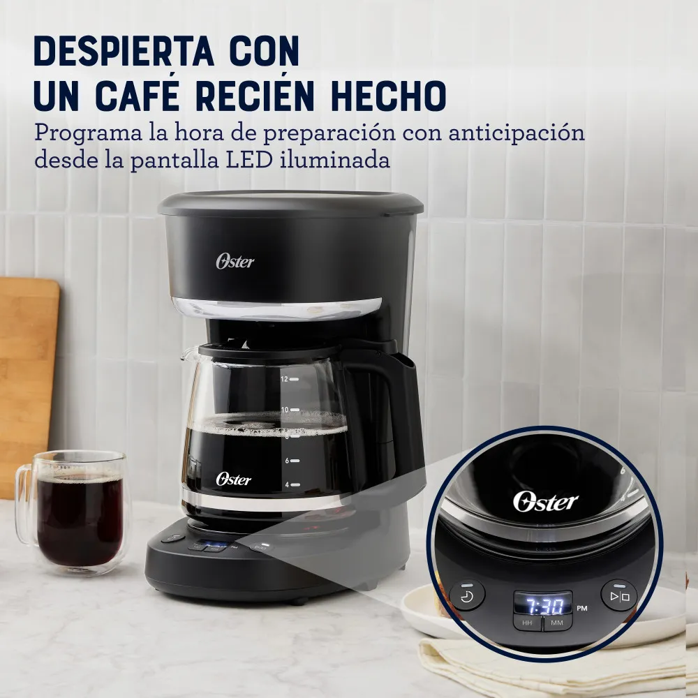 Cafetera Programable Oster BVSTDCP121B de 12 Tazas de Capacidad con Filtro Reutilizable + Jarra con Medidas 4