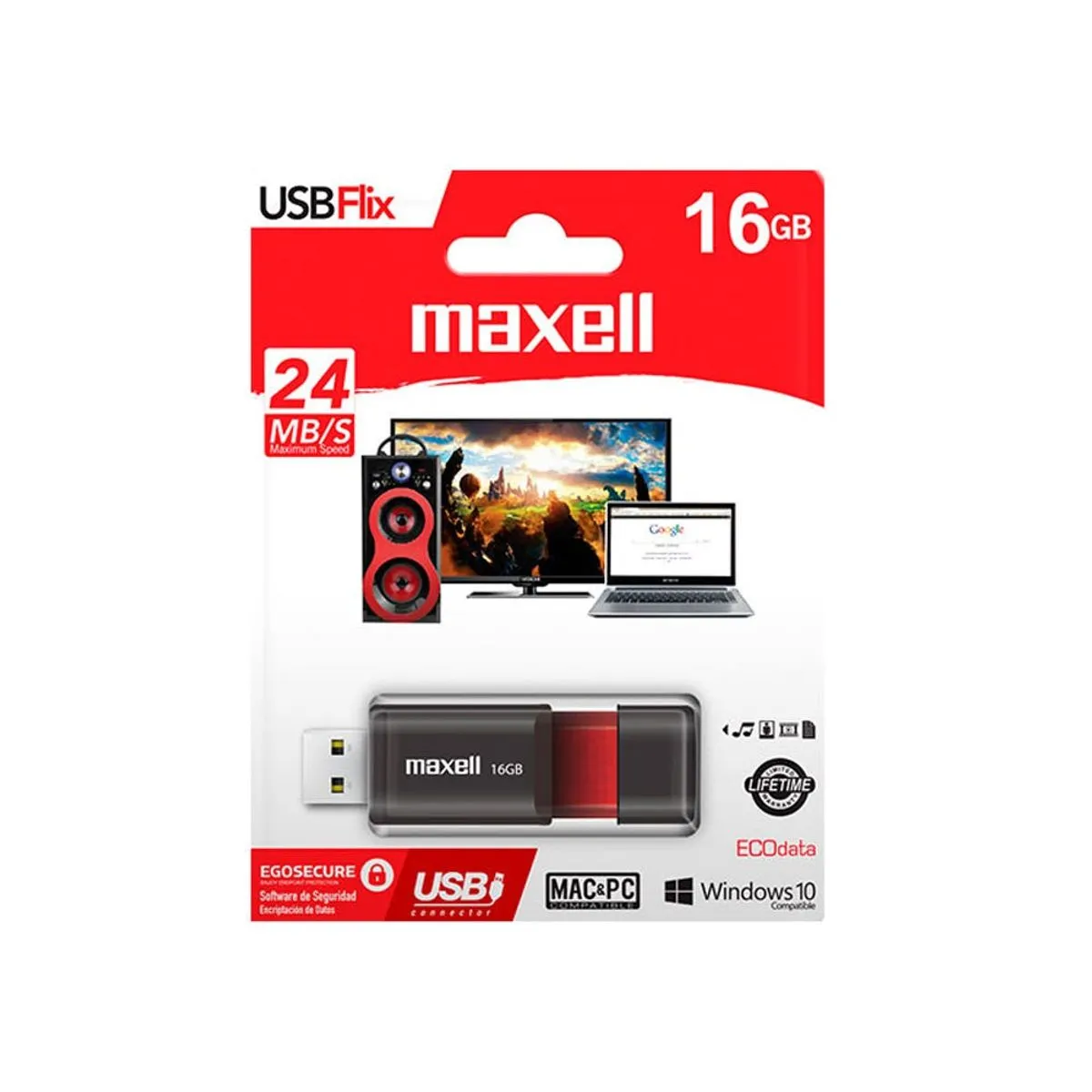 Pendrive Maxell Ecodata 16GB USB Rojo Compatible Mac y Windows 1