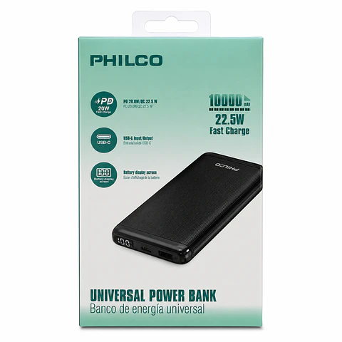 Batería Externa Philco PMA8124 10000mAh 22,5W PD Black – Power Bank Carga Rápida