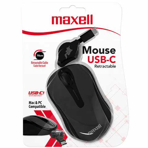 Mouse alámbrico retráctil Maxell USB-C / USB-A – Compacto y portátil