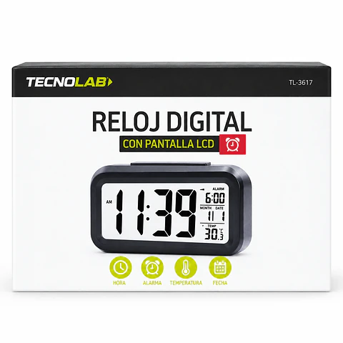  RELOJ ALARMA PANTALLA NUMEROS LED TL-30SBK BLACK TECNOLAB