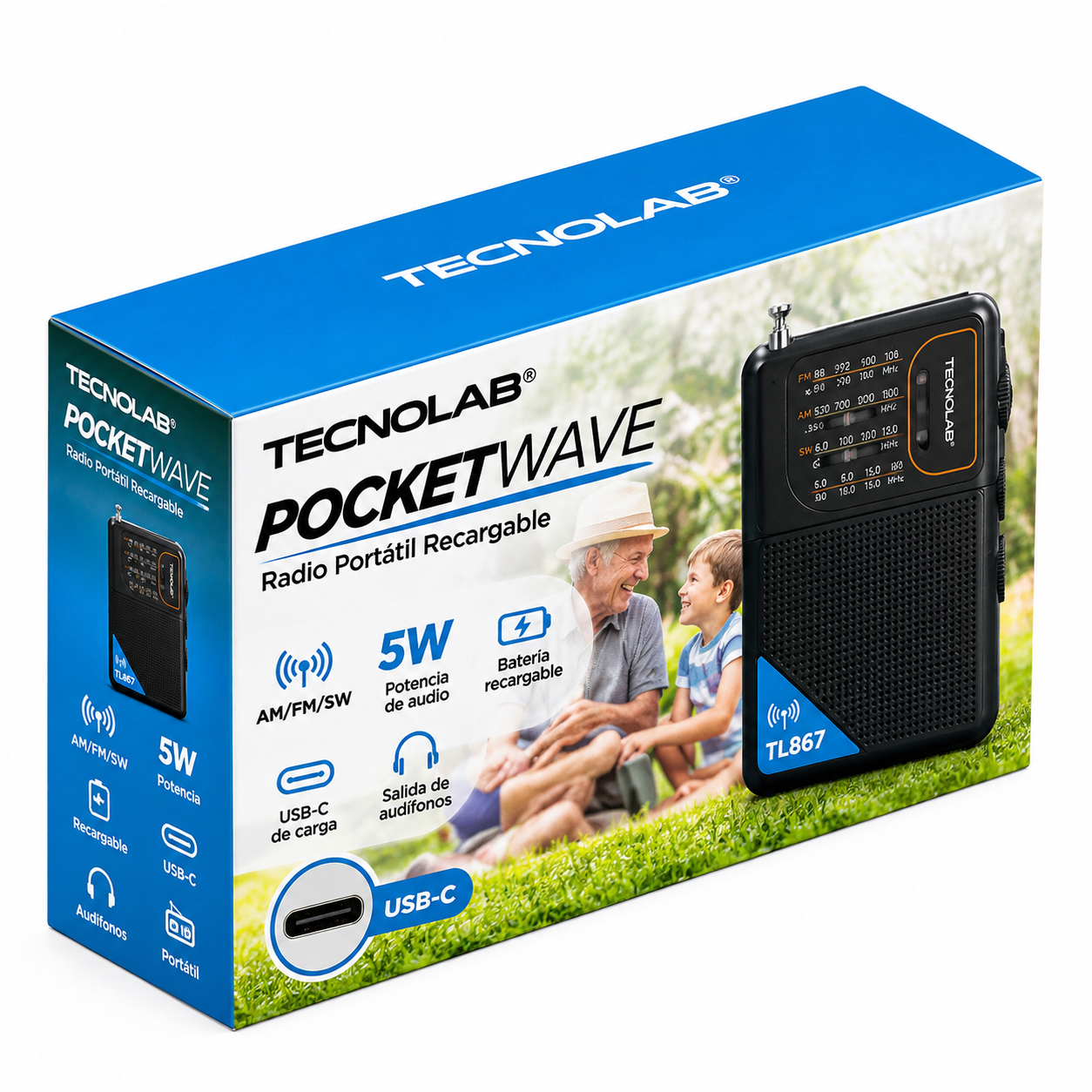Radio Portátil Recargable Tecnolab TL867 AM/FM/SW 5W USB-C con Antena Telescópica – Negra 3