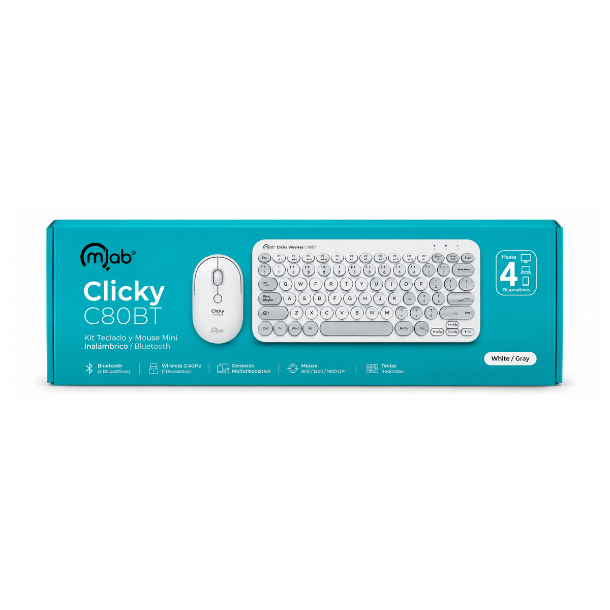 Kit Teclado y Mouse Mini Inalámbrico MLAB Clicky C80BT Bluetooth + 2.4GHz 1600 DPI Blanco/Gris 2