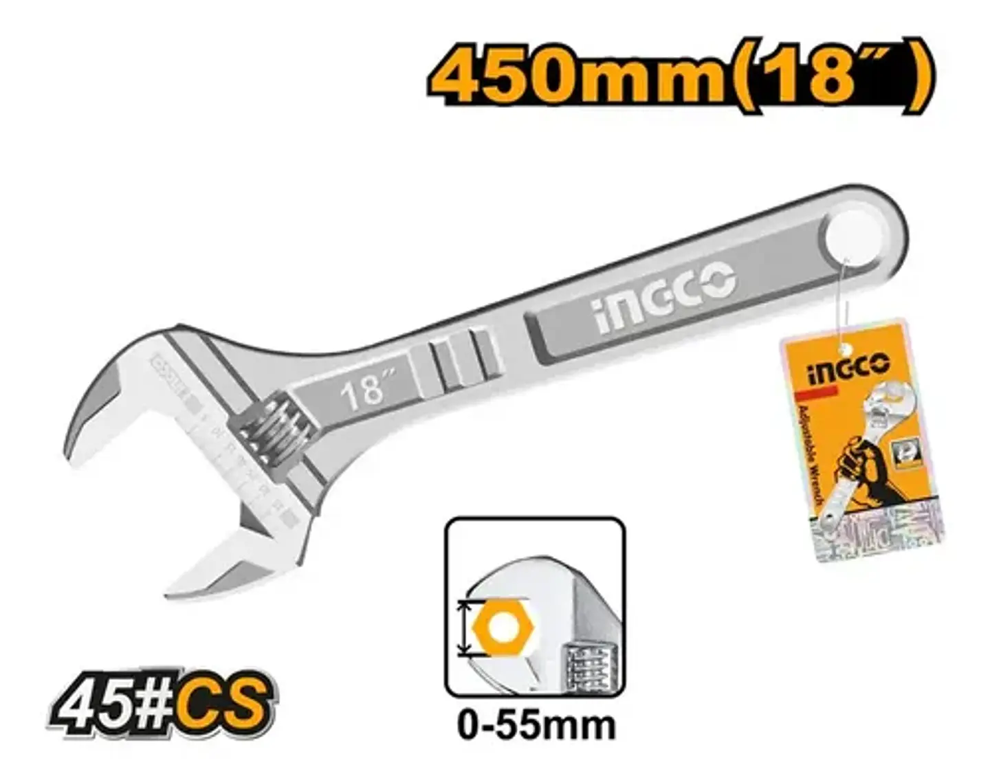 Llave Francesa Ajustable 0-55mm 450mm/18  Ingco Hadw131182 5