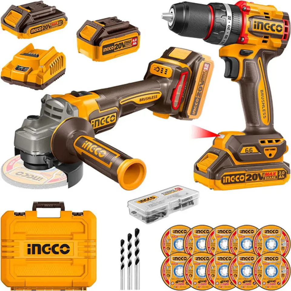 Combo 2 Herramientas Inalámbricas: Taladro Percutor De Impacto + Esmeril Angular + Batería 4ah + Batería 2ah + Cargador 1