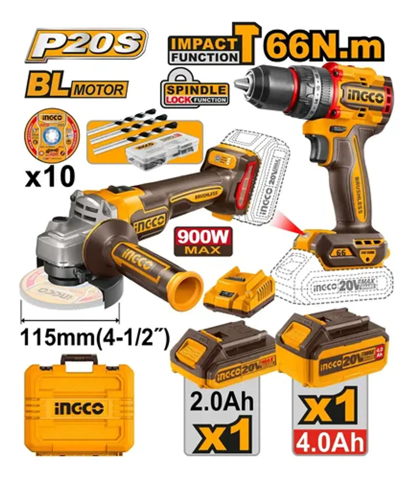 Combo 2 Herramientas Inalámbricas: Taladro Percutor De Impacto + Esmeril Angular + Batería 4ah + Batería 2ah + Cargador 10