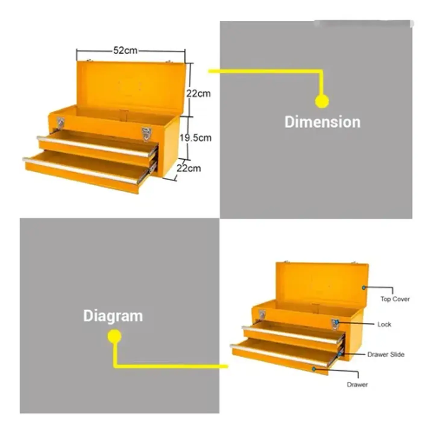 Caja De Herramientas Ingco Ica Industrial 28lt 520x218x243mm Amarillo 3