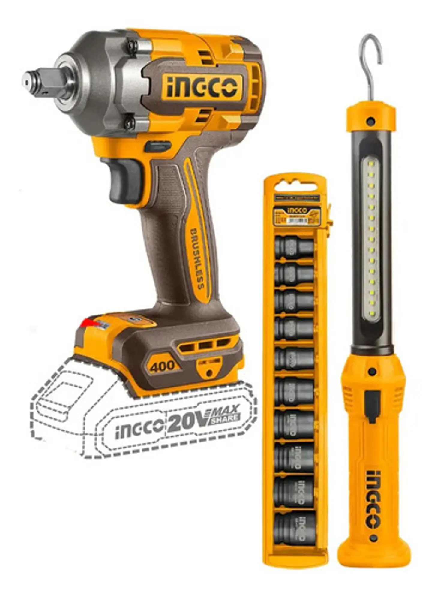 Ingco Cosli23048 Llave De Impacto 400nm + Linterna Color Naranja 50/60hz 20v 50/60 Hz 2