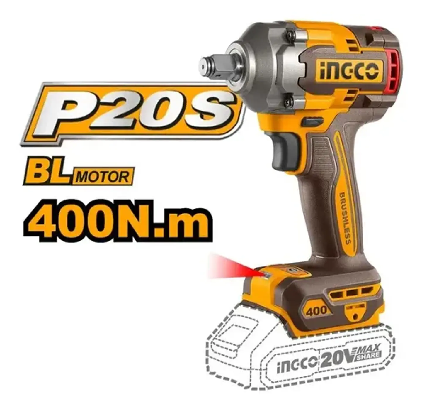 Ingco Cosli23048 Llave De Impacto 400nm + Linterna Color Naranja 50/60hz 20v 50/60 Hz 3