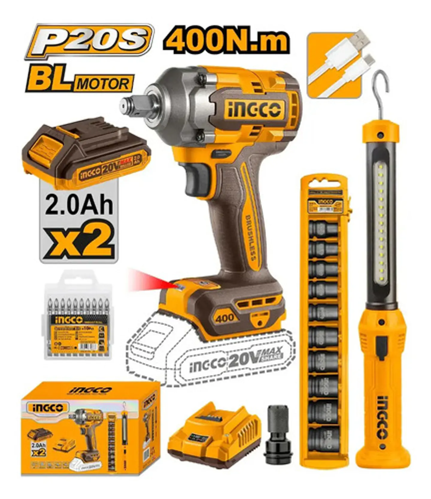 Ingco Cosli23048 Llave De Impacto 400nm + Linterna Color Naranja 50/60hz 20v 50/60 Hz 6