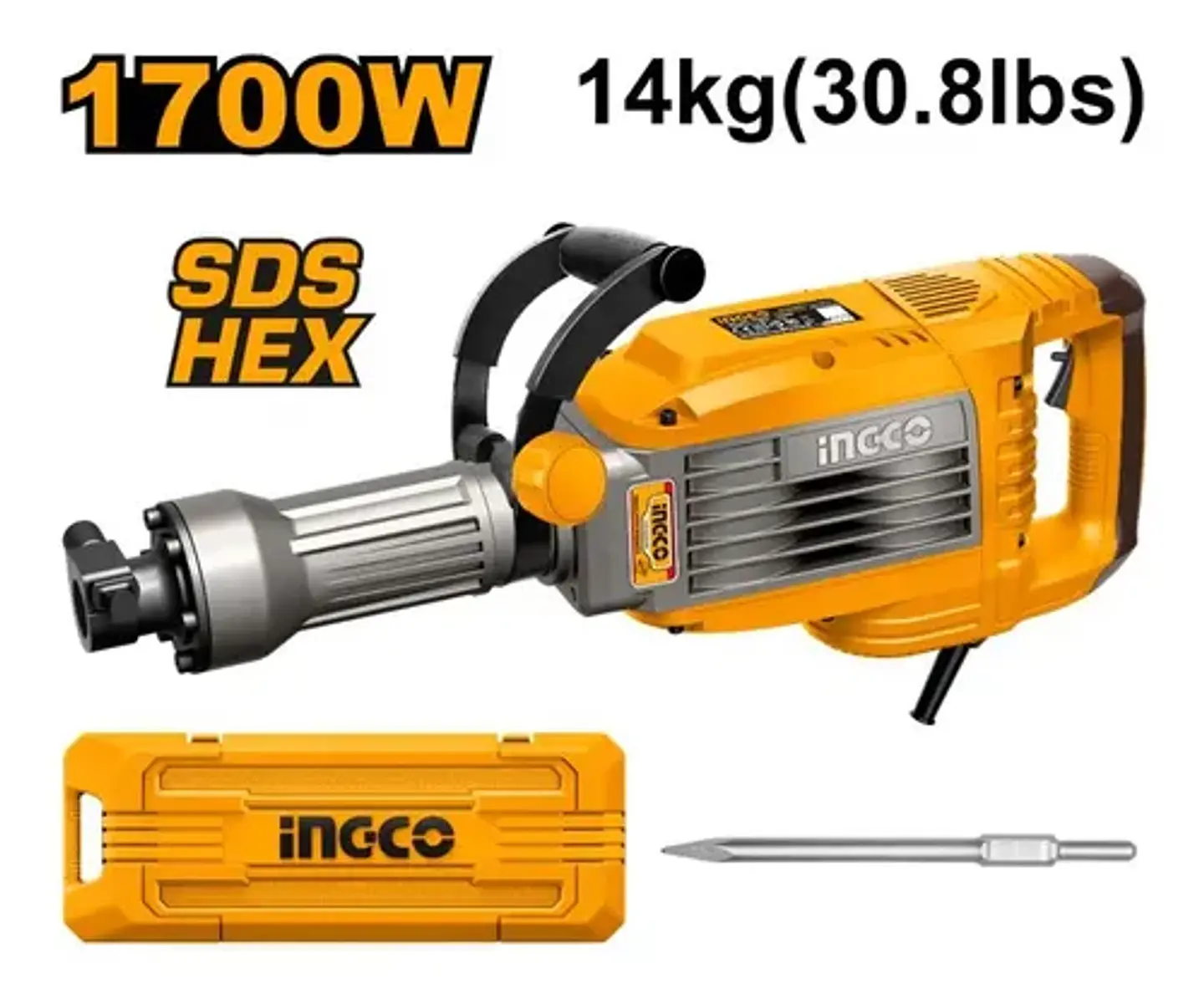 Martillo Demoledor 1700w 50 Joules 14kg Sds Hexagonal Con Valija Y Punta Plateado 3