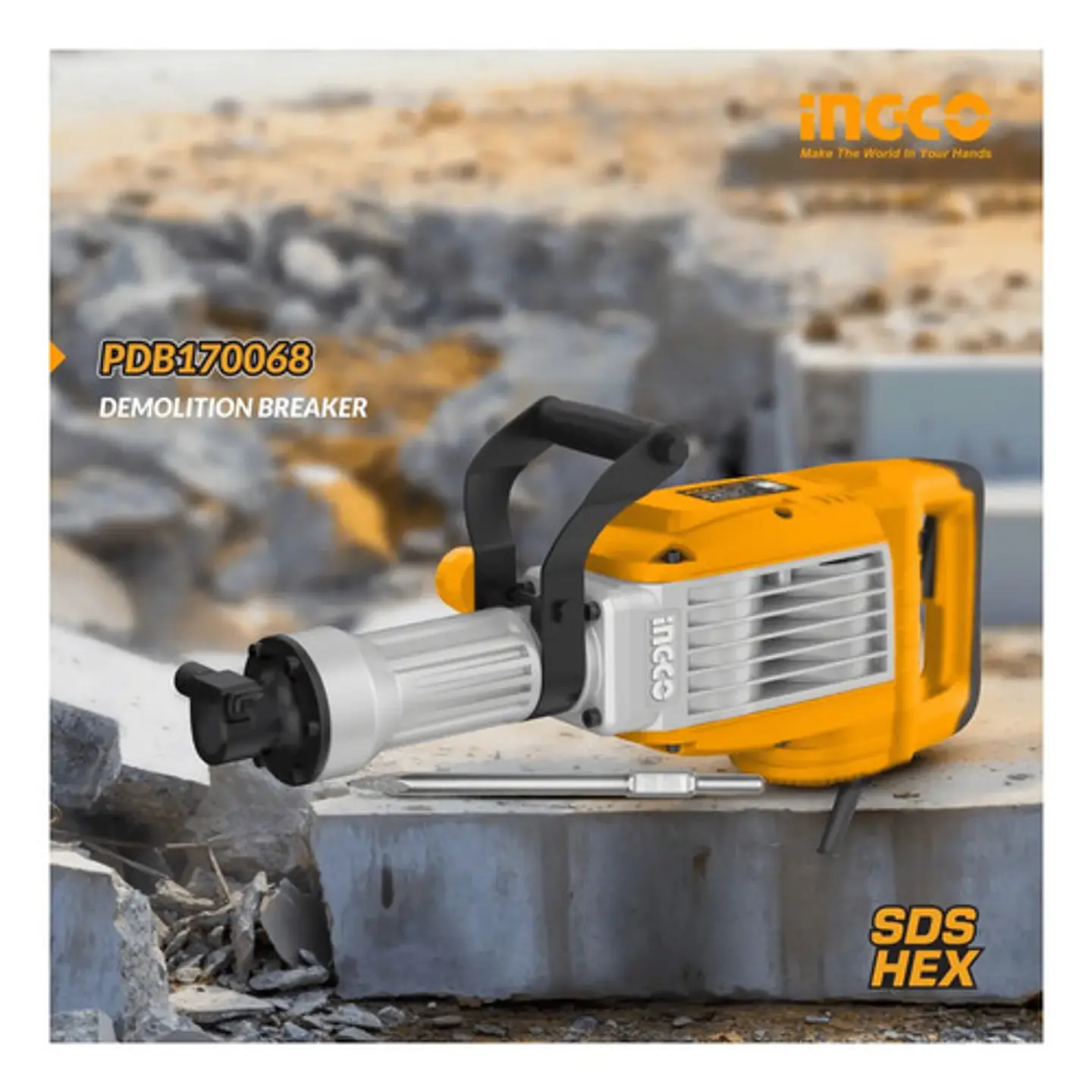 Martillo Demoledor 1700w 50 Joules 14kg Sds Hexagonal Con Valija Y Punta Plateado 9