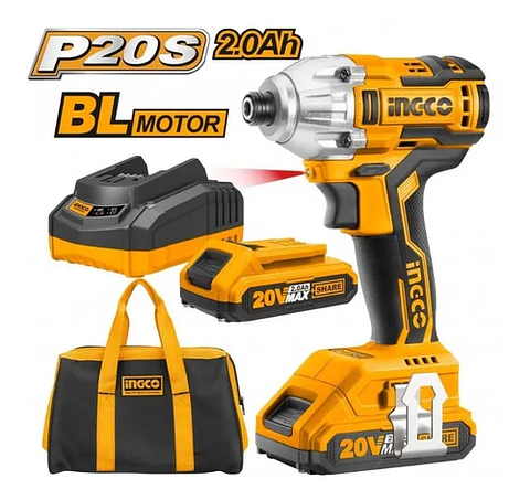 Atornillador De Impacto Ingco 20v + 2 Bat 2 Ah+ Carg + Bolso