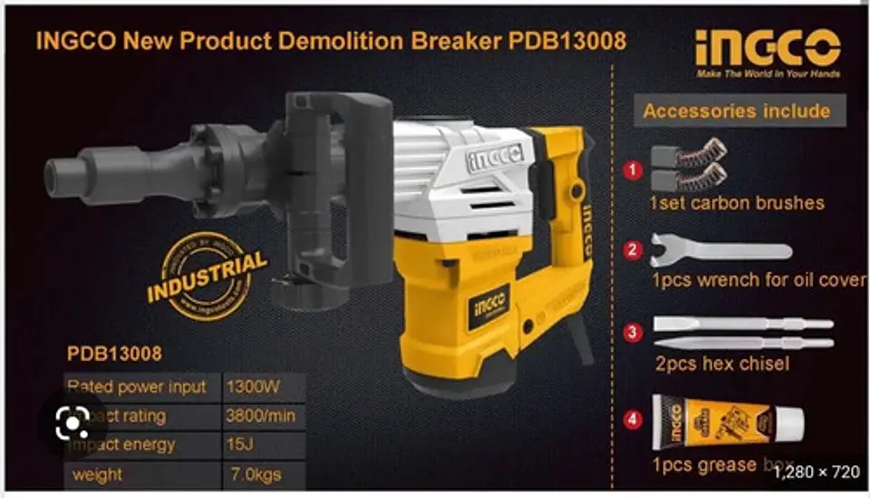 Martillo Demoledor 1300w 20 Joule Sistema Antivibración Ingco Pdb130018 Anaranjado 5
