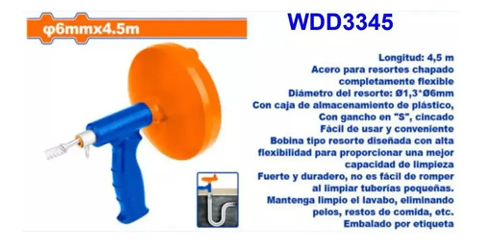 Destapador De Drenaje Tipo Pistola Wadfow 4.5m 6mm Azul Naranjo 3