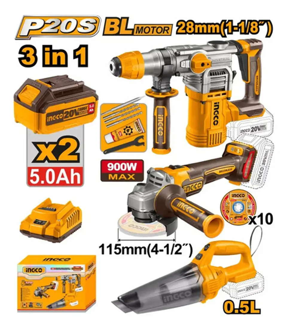 Kit Rotomartillo + Esmeril + Aspiradora Ingco Cosli240785 2