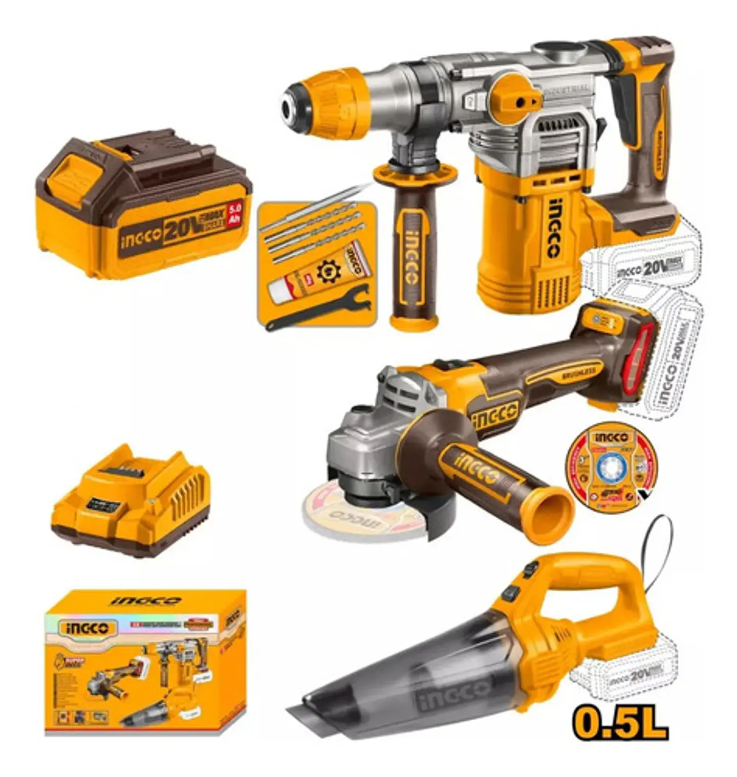 Kit Rotomartillo + Esmeril + Aspiradora Ingco Cosli240785 3