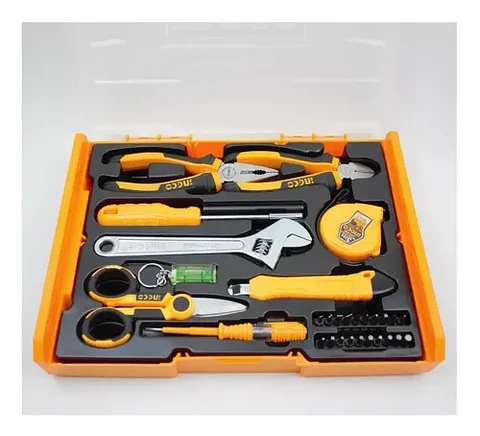 Caja Organizadora De Herramientas + 29 Herramientas Ingco Amarillo Naranja Claro