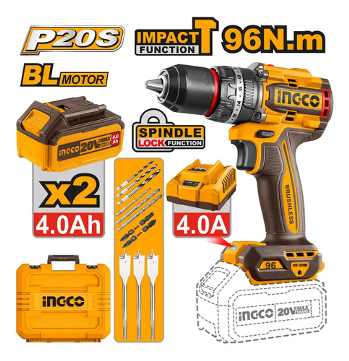 Taladro Percutor Atornillador Inalámbrico De 13mm Ingco Cidli20968 + 2 Baterías De 4ah + Accesorio Con Valija 50hz/60hz Naranja Claro 50 Hz / 60 Hz 5