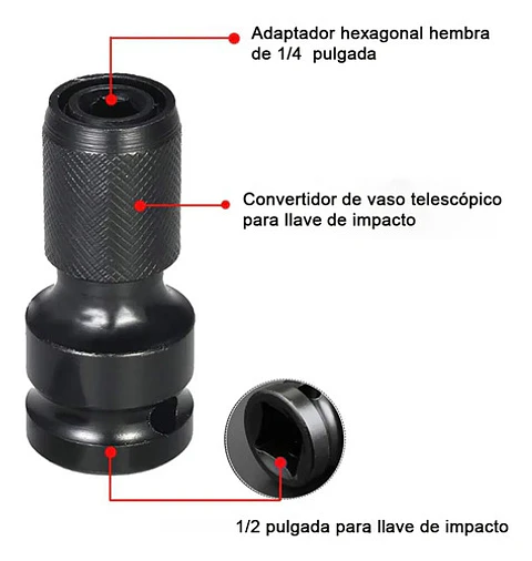 Adaptador De Impacto 1/2 Pulgad A Punta Hexagonal 1/4 Torden