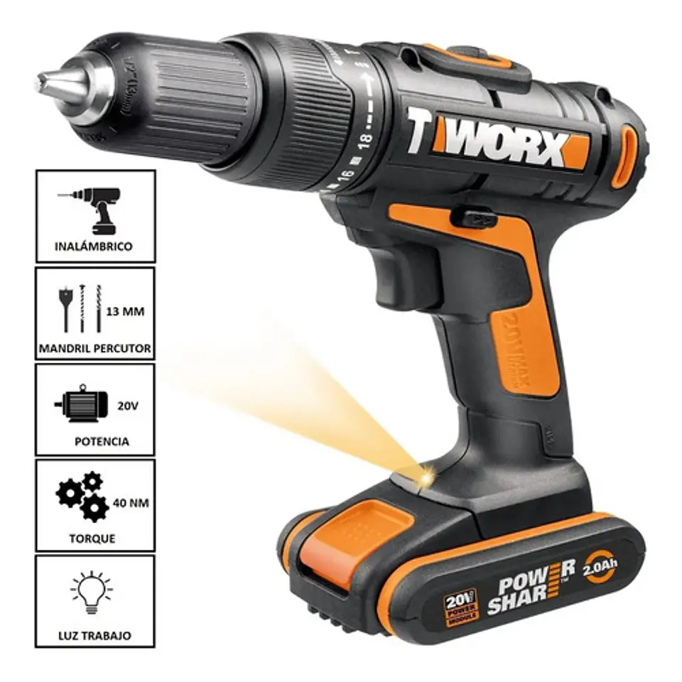 Taladro Percutor Inalámbrico Worx 13 Mm + Bat + Cargador Color Negro Frecuencia 50/60 Hz 1