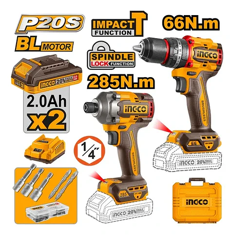 Kit de Herramientas Inalámbricas Ingco CKLI20277 con Taladro Percutor y Atornillador de Impacto