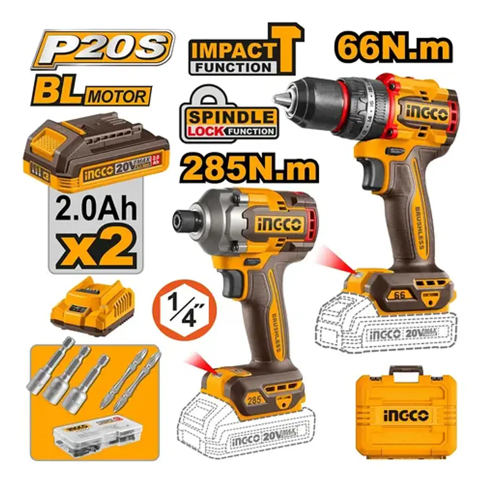 Kit de Herramientas Inalámbricas Ingco CKLI20277 con Taladro Percutor y Atornillador de Impacto 2