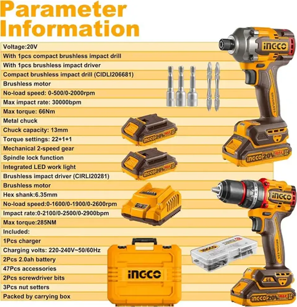 Kit de Herramientas Inalámbricas Ingco CKLI20277 con Taladro Percutor y Atornillador de Impacto 4