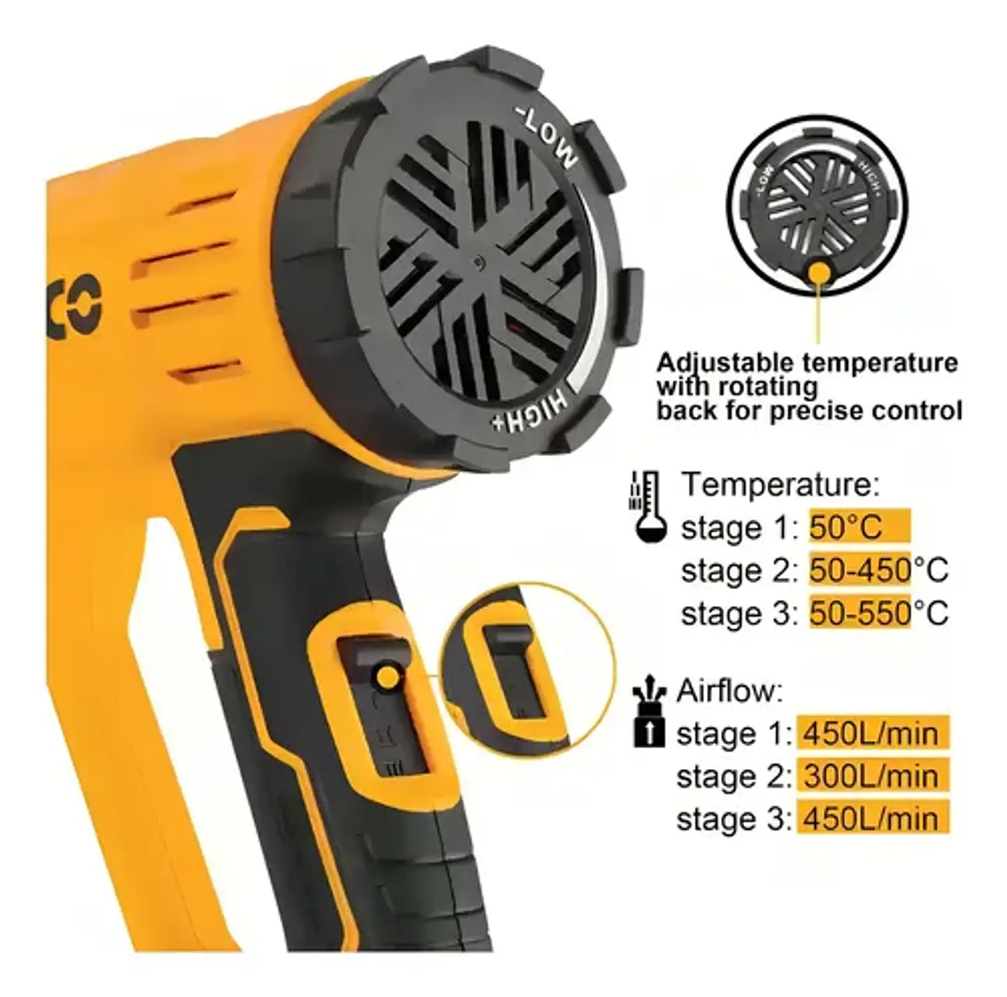 Pistola De Calor Digital Ingco 2000w Industrial Hg200028-1 Color Anaranjado 6