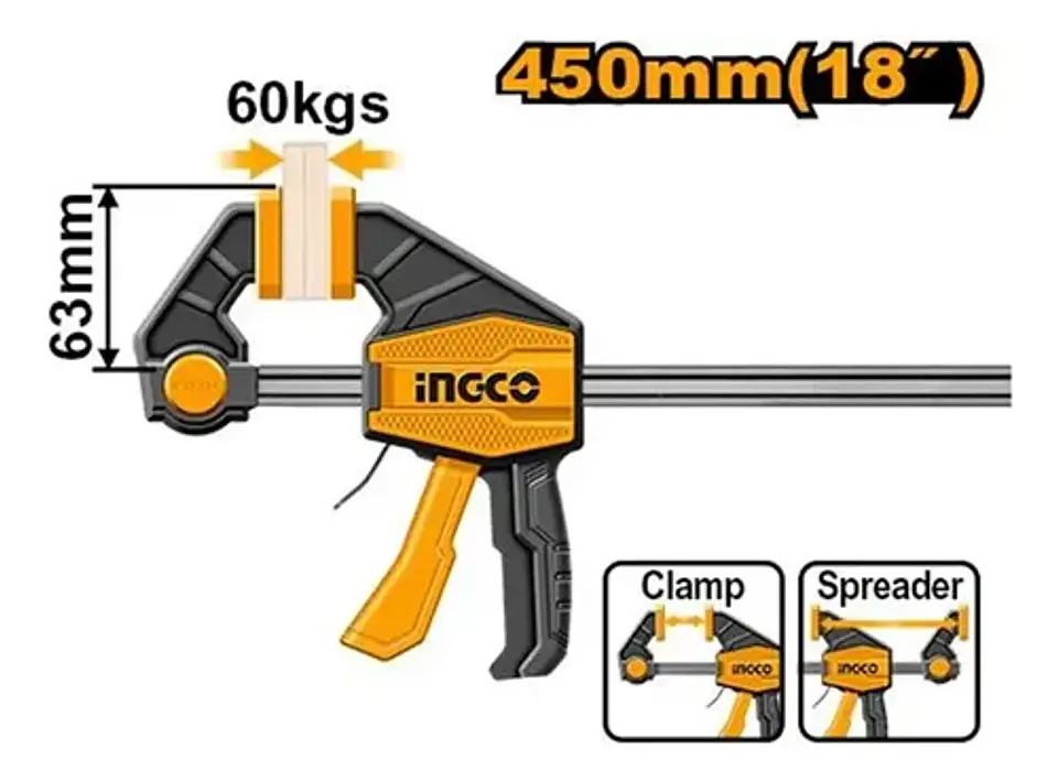 Prensa Sargento Rapida Industrial Ingco 63x450 Mm Hqbc01603 10