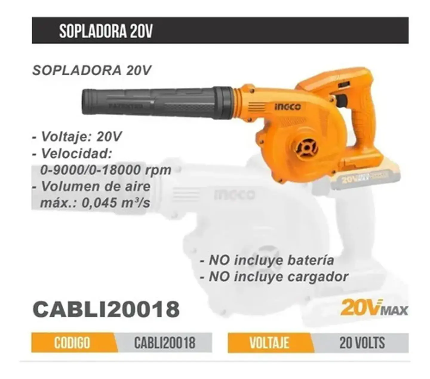 Soplador Inalambrico Velocidad Variable 20v Ingco Cabli20018 5