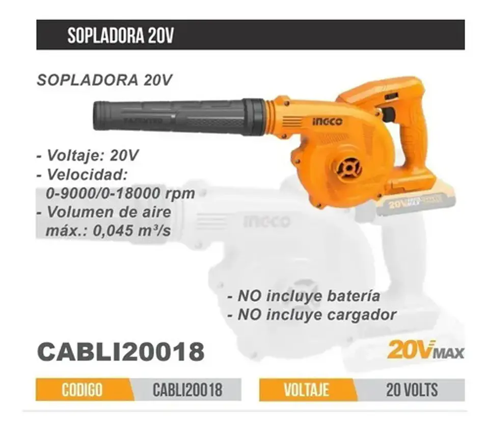 Soplador Inalambrico Velocidad Variable 20v Ingco Cabli20018 5