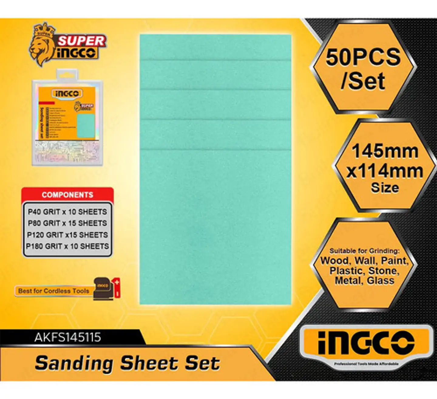 Set 50 Lijas P40 80 120 180 Multimaterial 145x114 Mm Ingco 2