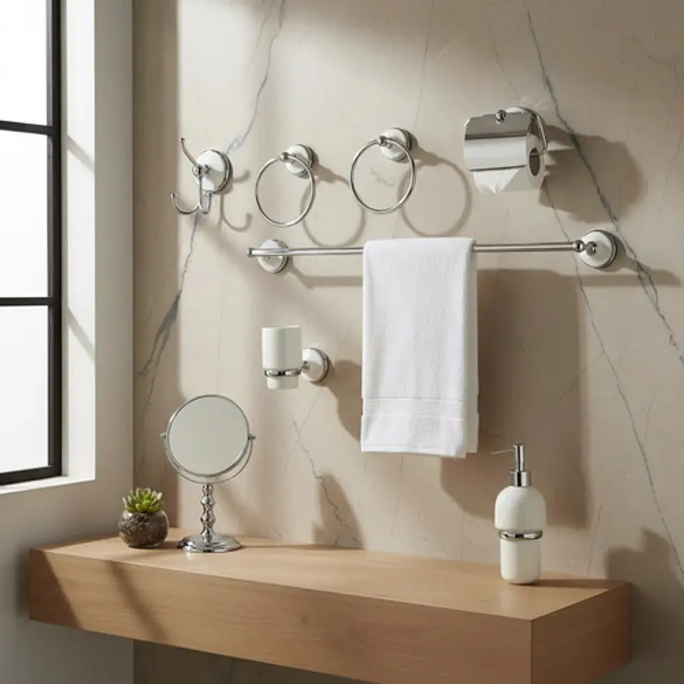 Kit Accesorios Para Pared Baño Cerámico Blanco Cromado Taumm 2