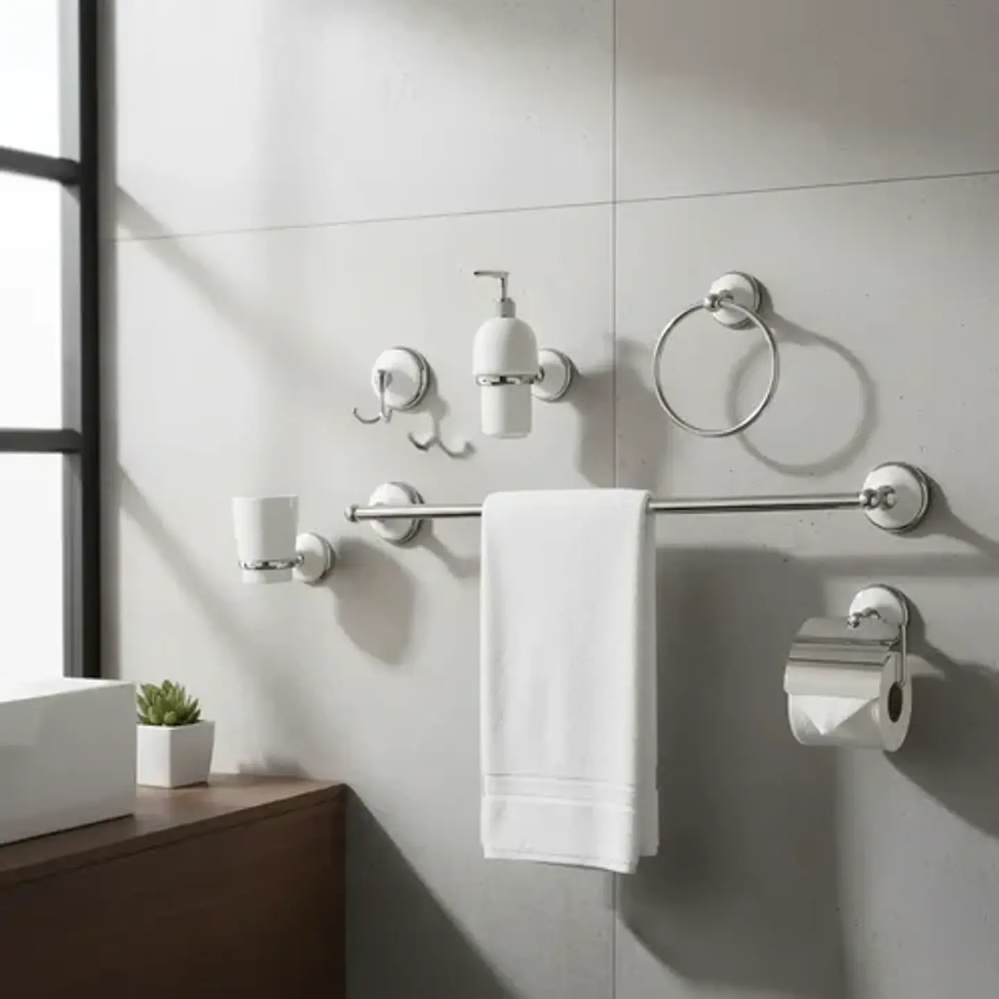 Kit Accesorios Para Pared Baño Cerámico Blanco Cromado Taumm 3
