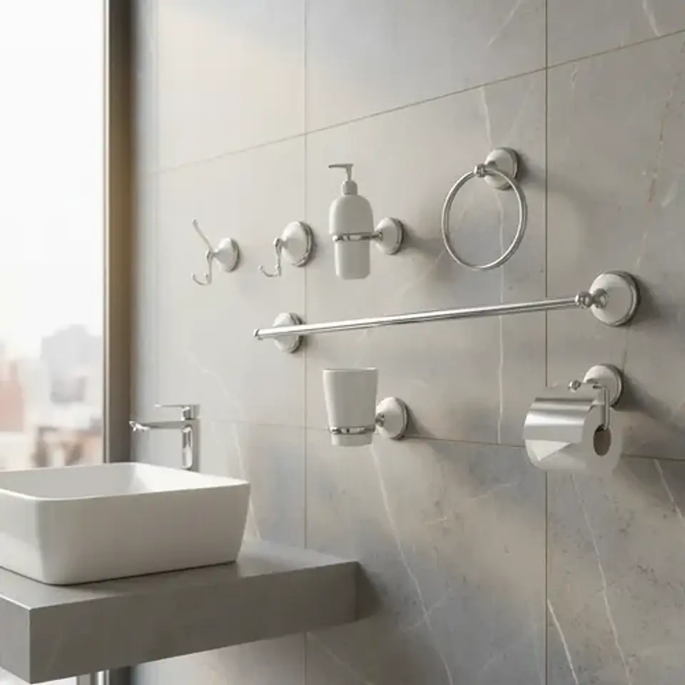Kit Accesorios Para Pared Baño Cerámico Blanco Cromado Taumm 4