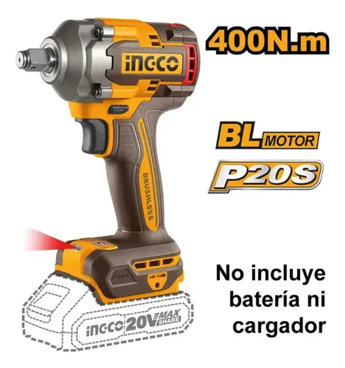 Llave De Impacto 400 Nm Inalambrica Ingco Ciwli20401 Color Naranja Frecuencia 50 Hz / 60 Hz 20v 6