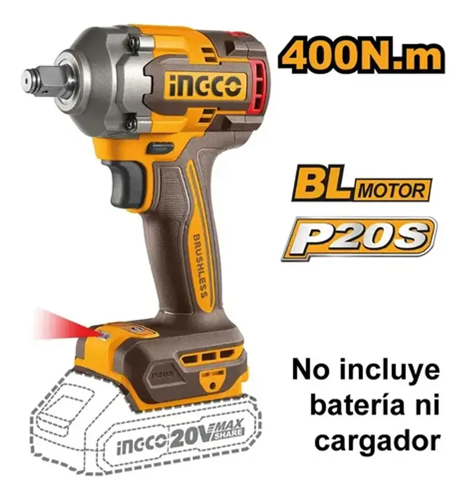 Llave De Impacto 400 Nm Inalambrica Ingco Ciwli20401 Color Naranja Frecuencia 50 Hz / 60 Hz 20v 6